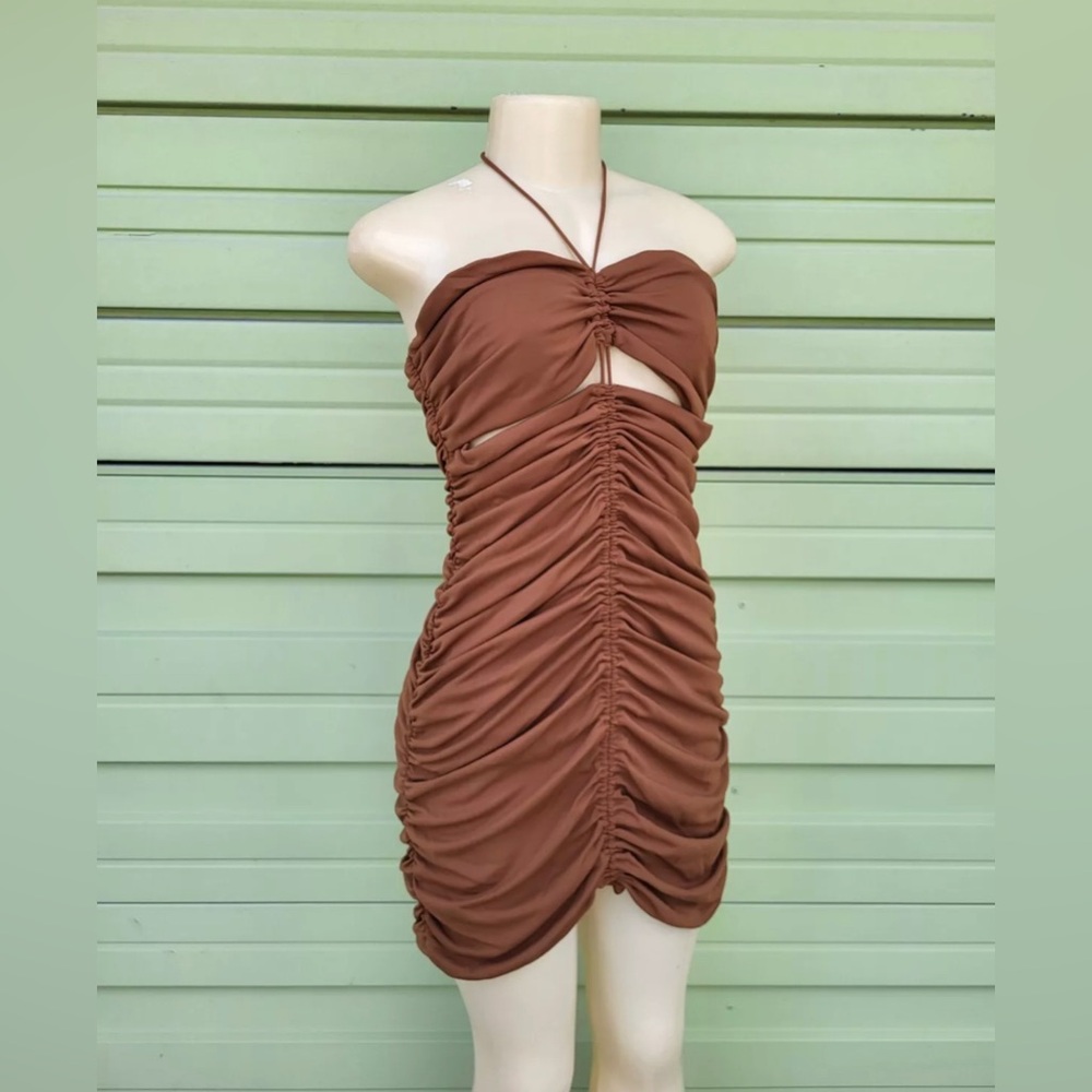 ZARA BROWN DRAPED DRESS Mini Straps Tie Size XS